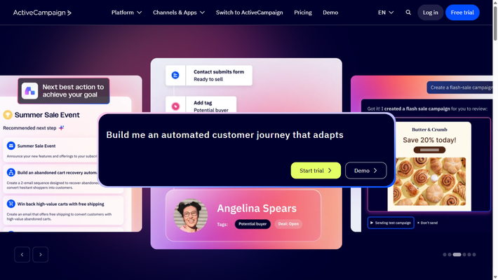 ActiveCampaign homepage with automation examples